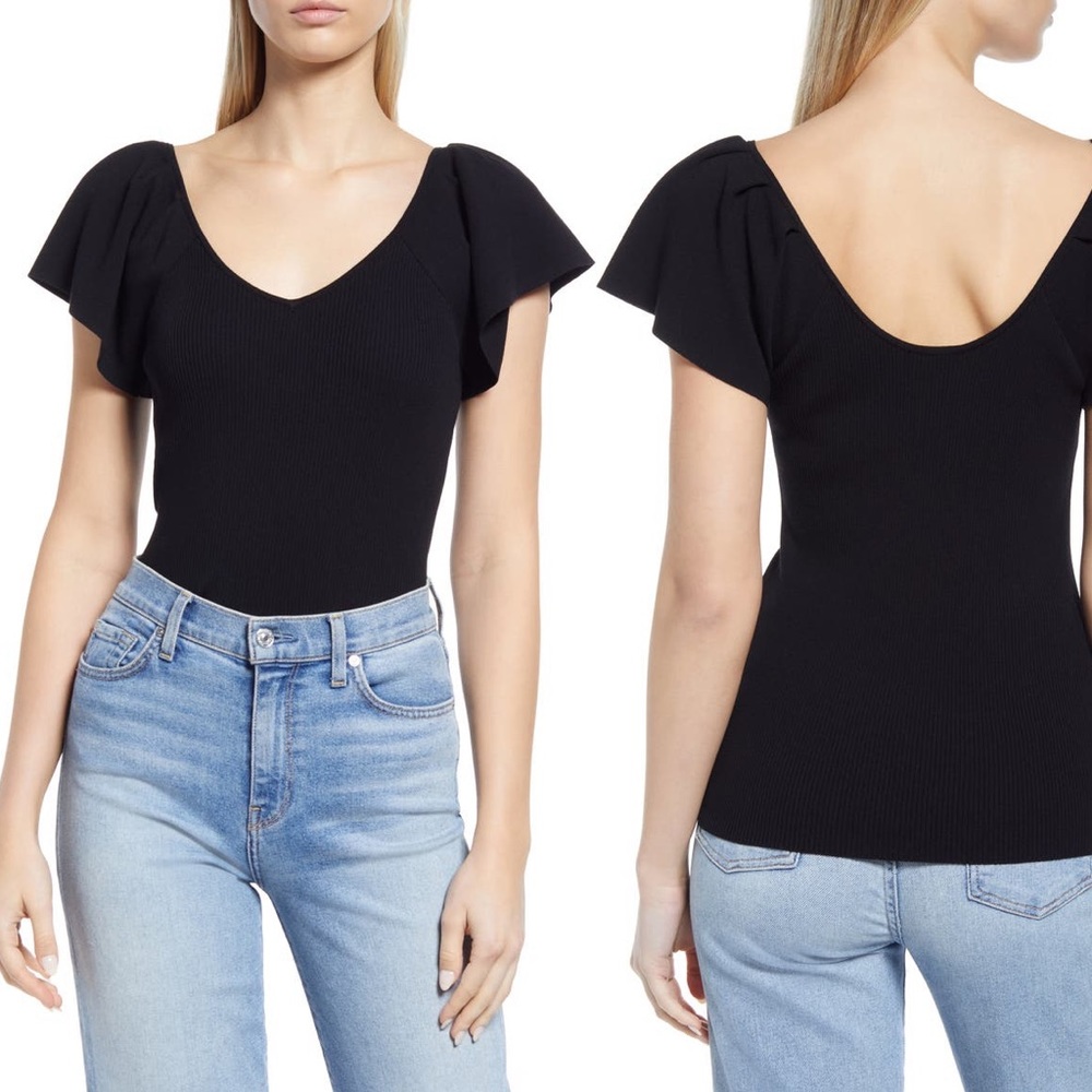 Halogen Flutter Sleeve Ribbed Sweater